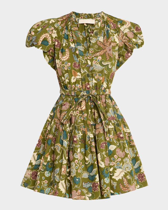 Izel Paisley-Print Cotton Puff-Sleeve Tie-Waist Mini Dress